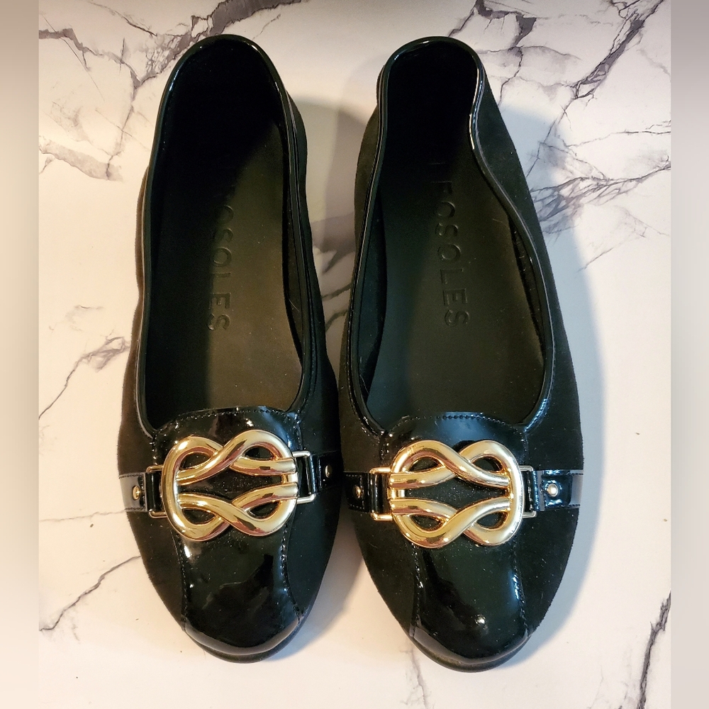 Aerosoles Big Bet Buckle Flat Black Suede/Patent 10.5 NWOT